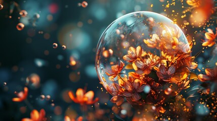 Illustration of a crystal ball with flowers and bokeh - obrazy, fototapety, plakaty