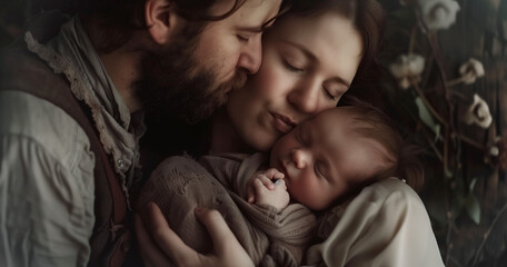 Portrait of parents and newborn baby. Father and mother kiss and hug a beautiful newborn child