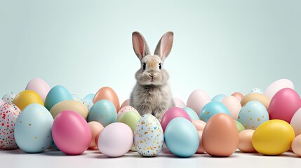 the Easter Bunny surrounded by colorful eggs, isolated on a pristine white background, leaving ample empty space for text or promotional messages,