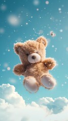 old teddy bear flying in the air isolated on blue background