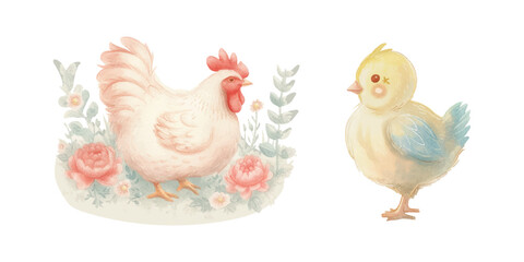  cute chicken soft watercolour vector illustration