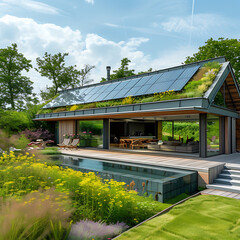 Solar panels integrated into a green-roofed house, showcasing the perfect blend of sustainability and modern architecture.