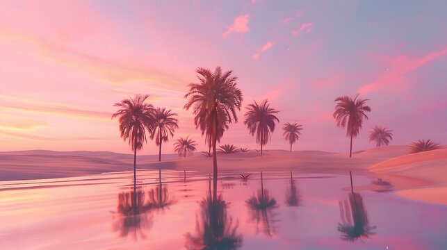 A tranquil oasis nestled in the heart of the desert, where palm trees sway lazily in the warm breeze. The vibrant hues of sunset paint the sky in shades of pink and orange, casting a magical glow over