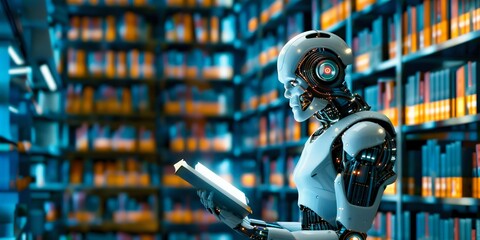 Robot Engrossed in Book at Library. Generative ai