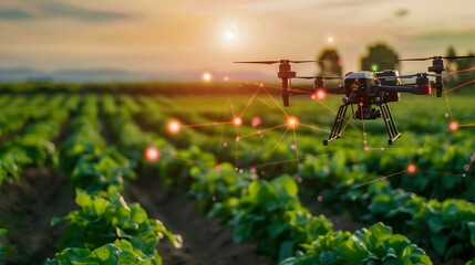 Agricultural Drone Monitoring Crop Growth at Sunset. Generative ai