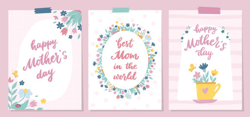 Fototapeta na wymiar Mother's day cards, posters, prints, banners, invitations, templates decorated with lettering quotes, flowers, doodles. EPS 10
