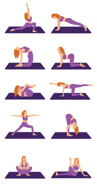 Set of yoga poses, girl in pink clothes on the mat