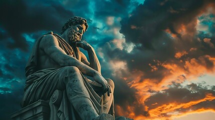 Ancient Statue Contemplating at Sunset. Generative ai