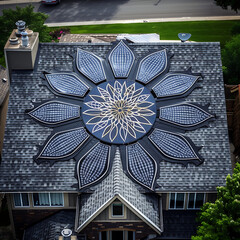 Solar panels on a house roof forming a radiant mandala, symbolizing sustainable energy