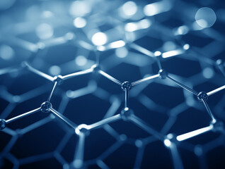 Graphene hexagonal lattice nanostructure made of carbon atoms, graphene molecular grid blue background