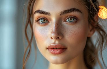 Fototapeta premium Close up portrait of beautiful brunette with blue eyes and freckles. Cute young woman face with clear skin and plump lips. Lip augmentation, spa, cosmetic procedure, beauty female model
