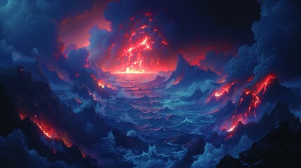 Surreal apocalyptic landscape with volcanic eruptions amidst turbulent clouds, a dramatic depiction of raw elemental forces