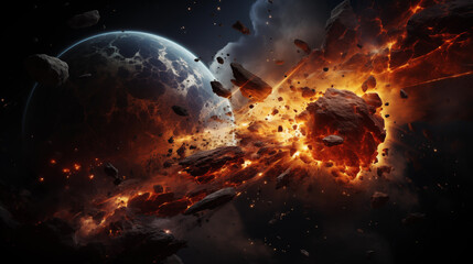Asteroid exploding and burning in space near the planet. Two celestial bodies colliding in space - obrazy, fototapety, plakaty
