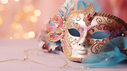 Colorful carnival mask on festive background with copy space