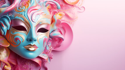 Colorful carnival mask on pastel pink background with copy space