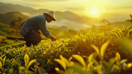 Fototapeta premium Tea Farmer Harvesting Leaves at Sunrise. Generative ai