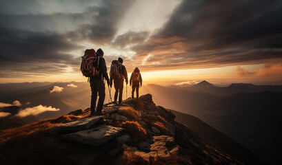 Three people on the top of mountain during golden hour. Group of hikers with backpacks walking in mountains at sunset - obrazy, fototapety, plakaty