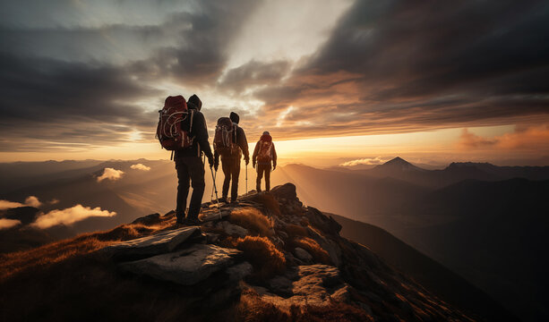 Three people on the top of mountain during golden hour. Group of hikers with backpacks walking in mountains at sunset