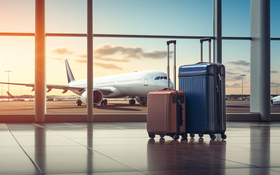 Two suitcases in an airport against panoramic window with a plane on background