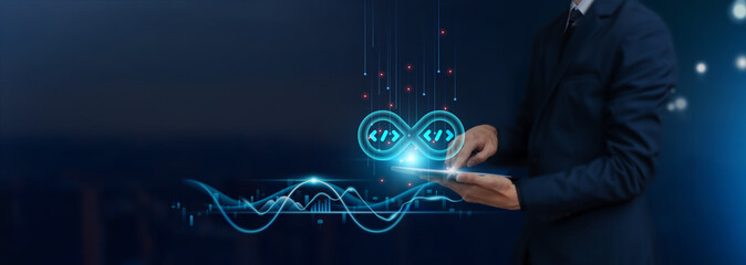 Data Science Concept: Businessman Uses Tablet on Advanced Global Networking, Analyzing Data,...