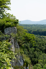 Dramatic cliffs in Gempen with lush forests and Swiss mountains.
