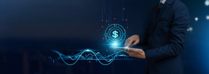 Finance: Innovative Concept, Businessman Uses Tablet on Financial Icon Global Networking, Data...
