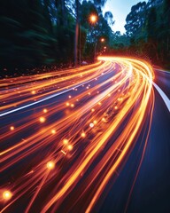 Curved Road in a Forest with Dynamic Orange Light Trails at Night Reflecting a Sense of Speed and Motion