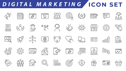 Digital marketing icons set. Content, search, marketing, ecommerce, seo, electronic devices, internet, analysis, social and more line icon.