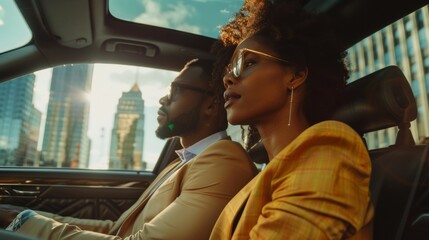 A stylish business couple is seated in a car, driving through a city with skyscrapers visible in the background.