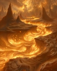 Alien Landscape Painting with Golden Swirling Atmosphere and Mysterious Mountain Peaks