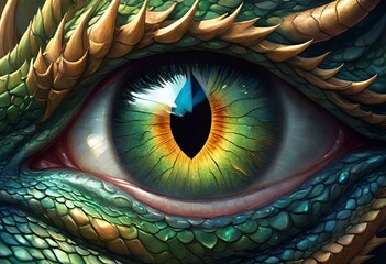 A dragon's eye, shimmering with a faint iridescence, as if glimpsing into parallel dimensions where reality bends to the will of mythical beasts - obrazy, fototapety, plakaty