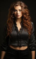 Naklejka premium Photorealistic Style: Portrait of a Woman with Curly Hair in Black Clothing on an Elegant Background.