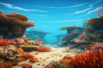 Colorful corals and rocks populate the underwater landscape in this vibrant marine environment