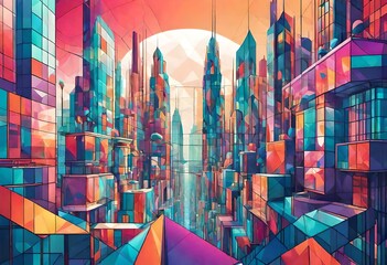 Depicting a surreal cityscape formed from overlapping geometric glass structures