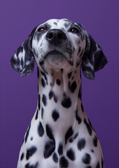 Dalmatian with a thoughtful expression against a deep violet background