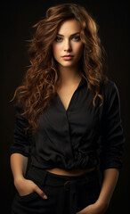 Photorealistic Style: Portrait of a Woman with Curly Hair in Black Clothing on an Elegant Background.