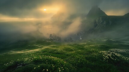 Foggy landscape in high green mountains with sunlight through the clouds in summer with some little white flowers near the sea or ocean coast