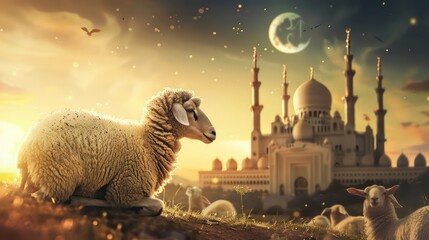 Eid ul-Adha with sacrificial animal, Eid ul Adha backgrounds with mosque and moon. - obrazy, fototapety, plakaty