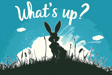 Silhouette of a rabbit with "What's up" text on a blue background