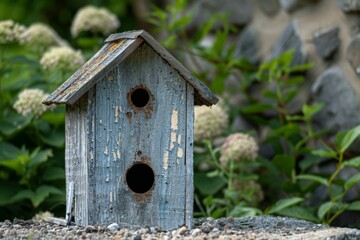 Birdhouse in garden with rustic wooden texture and natural outdoor habitat