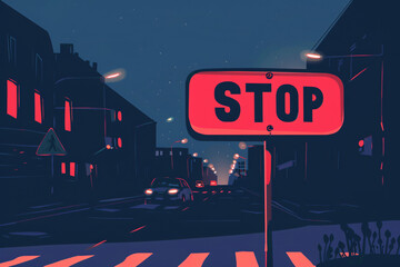 Neon lit stop sign at night in stylized cityscape