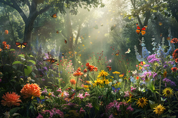 Summer in a lush garden bursting with colorful blooms, alive with buzzing bees and butterflies.