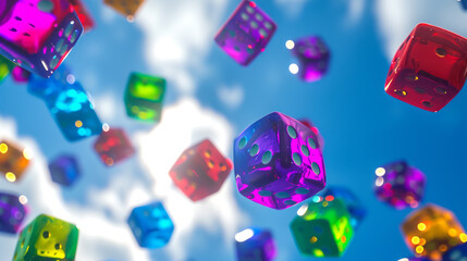 many many manya colorful. april fool font per dice background. april fool's day background with copy space for text. in sky background --ar 16:9 --v 6 Job ID: 4f8211c3-8c7b-4cf4-bec0-950a2c13a6d0 - obrazy, fototapety, plakaty