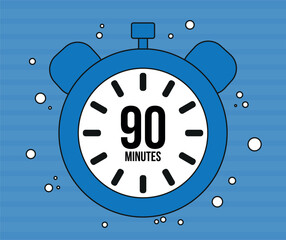90 Minutes clock. Minute marker alarm isolated on blue background. Time counter clock vector