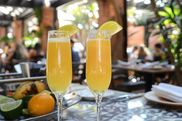 Mimosas served in champagne glasses, amidst a bustling brunch spot in resort.