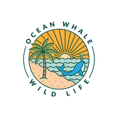 illustration of beach and whale monoline or line art style