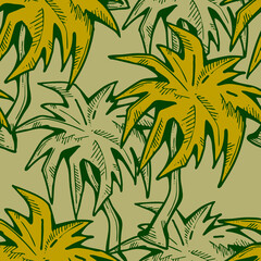 Tropical seamless pattern with palm leaves and tree. Holiday vocation theme for fabric print, textile design, fashion party invitation, luxury life style. Hand drawn cartoon line illustration.