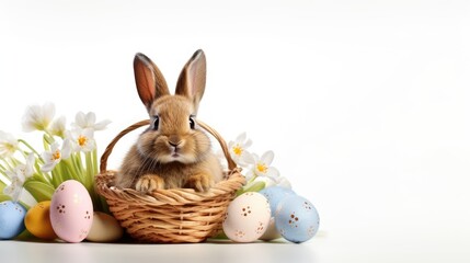 Fototapeta na wymiar the Easter Bunny surrounded by colorful eggs, isolated on a pristine white background, leaving ample empty space for text or promotional messages,