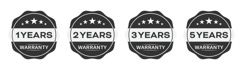 Warranty logo of 1 years, 2 years, 3 year and 5 years in zig-zag circle with star in black and white color on white background. Warranty label or seal flat icon set - Vector Logo