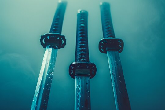 Samurai swords with traditional katana handles and sharp blades in a symmetrical alignment